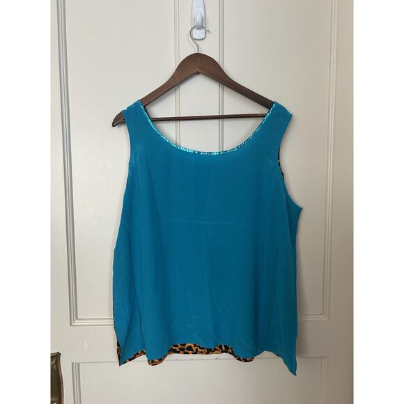 Diane Gilman Silk Animal Print Sequin Tank Top Womens Size 1X Blue Brown NWT - Picture 2 of 6